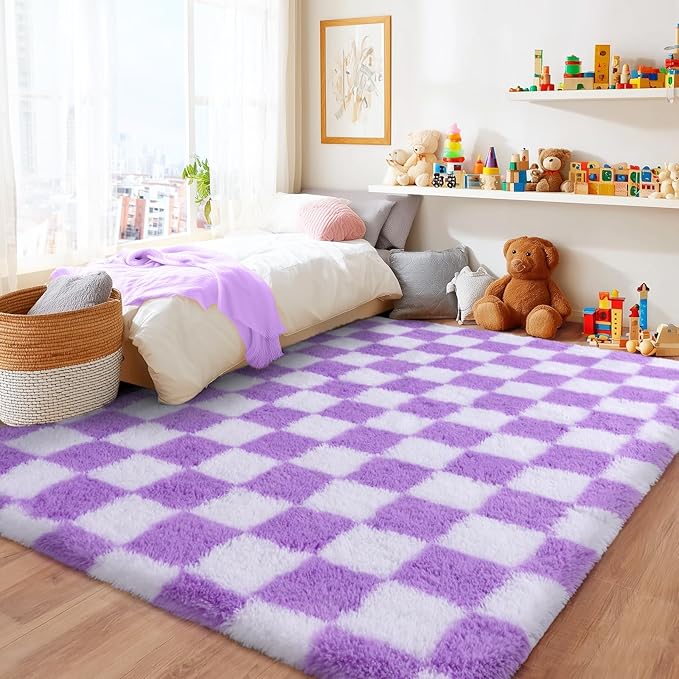 Area Rugs for Living Room 9x12, Ultra Fluffy Shag Checkered Rug Modern Washable Carpet Soft Shaggy Non Slip Indoor Plush Fuzzy Rugs for Bedroom Dorm Office Home Aesthetic Decor, White and Purple