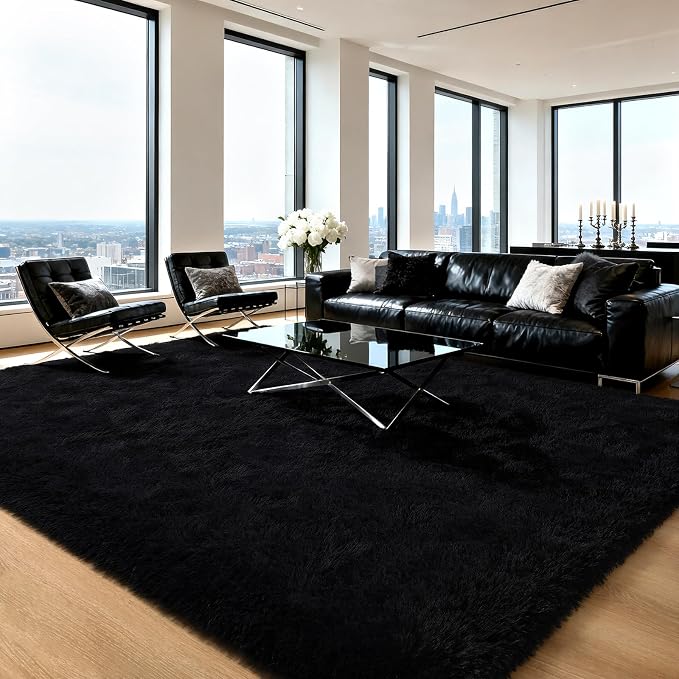 HOMORE Black Rug for Bedroom 4x6 Furry Carpet for Boys Girls Shaggy Fuzzy Rugs for Living Room Non Slip Large Rug for Kids Dorm Home Decor
