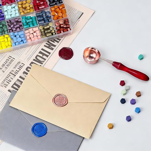 TRINIDa Wax Seal Kit - 420 Pcs in 28 Colors, Eco-Friendly Fast Melting Sealing Wax, Smokeless & Bubble-Free Wax Seal Beads with Melting Spoon & 10 Tea Lights for Wedding Invitations & Envelopes