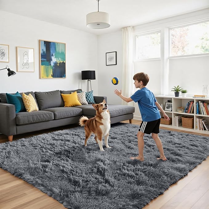 yongyangjuxin Fluffy Rug Shag Area Rug, Grey 8x10 Area Rugs for Living Room, Large Shag Area Rugs for Bedroom Room Home Decor, Upgrade Anti-Skid Rectangular Fuzzy Rugs