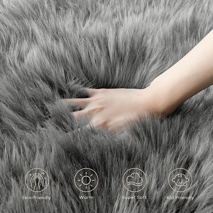 Ashler Faux Fur Rug, Fluffy Shaggy Area Rug Ultra Soft 2 x 3 Feet Sheepskin Fur, Dark Grey Fuzzy Rug Machine Washable Shag Rug, Nursery Decor Throw Rugs for Bedroom, Living Room, Kids Room