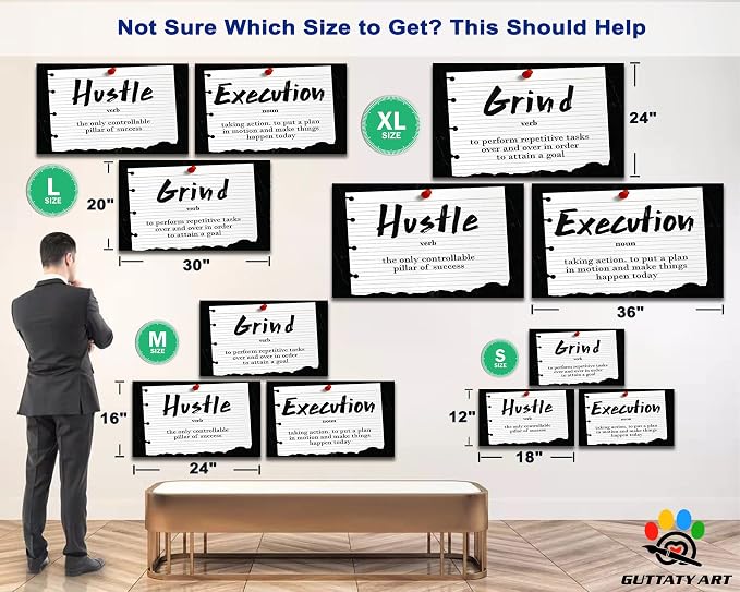 Office Wall Art - 3 Panel Motivational Wall Art, Inspirational Quotes Canvas Art for Home Office Wall Decor, Positive Quotes Wall Decor, Entrepreneur Grind Hustle Execution Poster Frame (12”x18”x3Pcs)