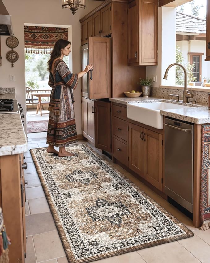 DEXI Kitchen Floor Mats Cushioned Anti Fatigue, 23x86 Long Wide Standing Comfort Runner Rug, Waterproof Retro Floral Memory Foam Padded for Front Sink Laundry, Black/Brown