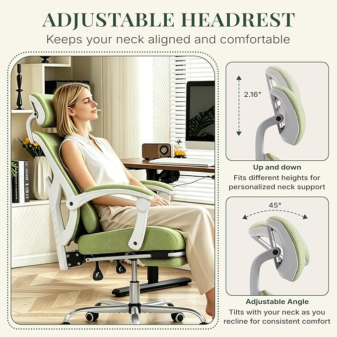 Ergonomic Office Chair with Footrest, High Back Home Desk Chair with Lumbar Support & Headrest, 90-135° Reclining Mesh Back Computer Chair with Wheels for Work, Gaming, Green