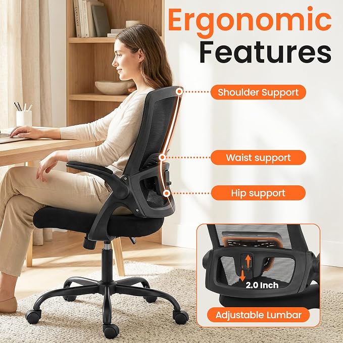 NEO Chair Office Chair High Back Desk Chair Comfy Mesh Gaming Computer Seat with Ergonomic Lumbar Rolling Adjustable Flip-up Armrests and Wheels (Dark Black)