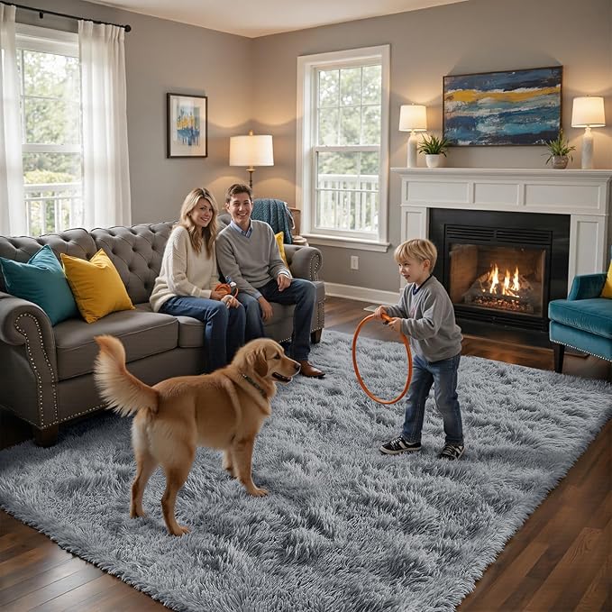 yongyangjuxin Fluffy Rug Shag Area Rug, Light Grey 8x10 Area Rugs for Living Room, Large Shag Area Rugs for Bedroom Room Home Decor, Upgrade Anti-Skid Rectangular Fuzzy Rugs