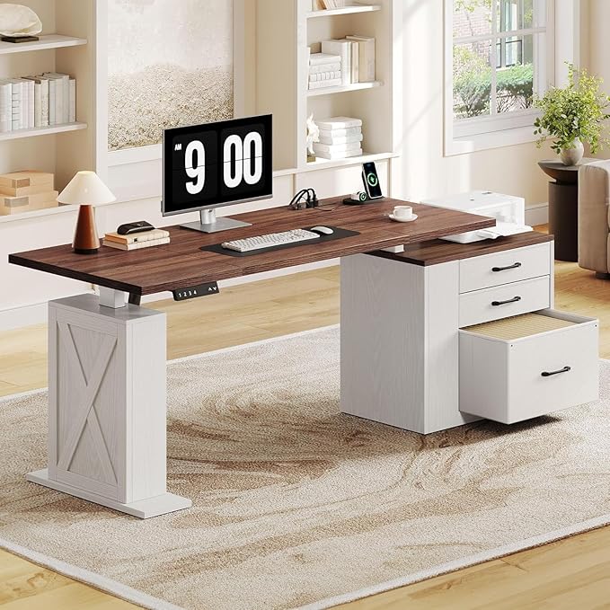 75.5'' Electric Standing Desk with Drawers, Farmhouse Height Adjustable Corner Desk, Sit Stand Office Desk with 4 AC Outlets & Type C Port, Executive Computer Desk, Brown & White