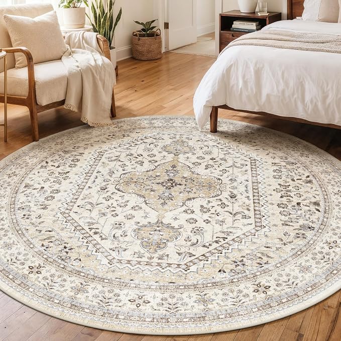 Puino 7FT Round Area Rug: Washable Oriental Circle Rugs Low Pile Soft Carpet with Non Slip Backing for Living Room Vintage Indoor Rug for Bedroom Kitchen Nursery Dining Room Home Office Beige/Gray