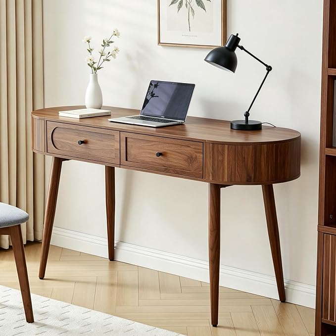 AVZEAR 59" Oval Fluted Home Office Computer Desk Wood Writing Desk, Wlanut | Mid Century Modern Writing Desk with 2 Drawers + 2 Flip Storage, Farmhouse Vanity Table Executive Deskfor Study, Living Room