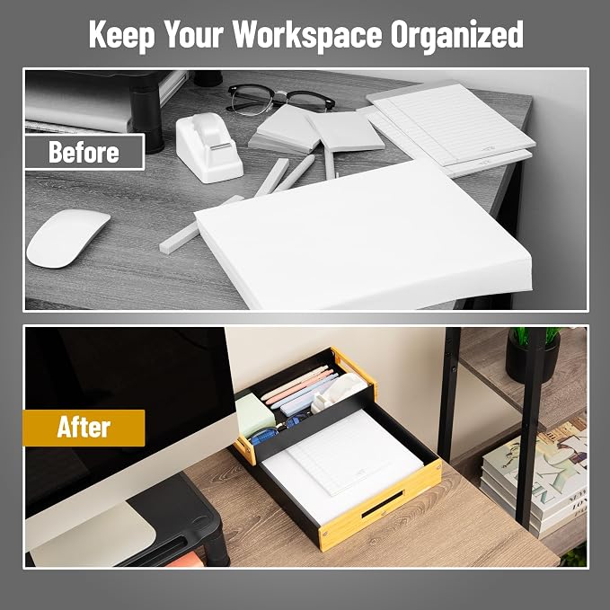 Mind Reader Metal and Wood Tiered Desktop Organizer Trays with Cutout Handles, Stackable Office Storage, Office, Entryway, Coffee Station and Home Organization, Metal and Wood, Set of 2, Black