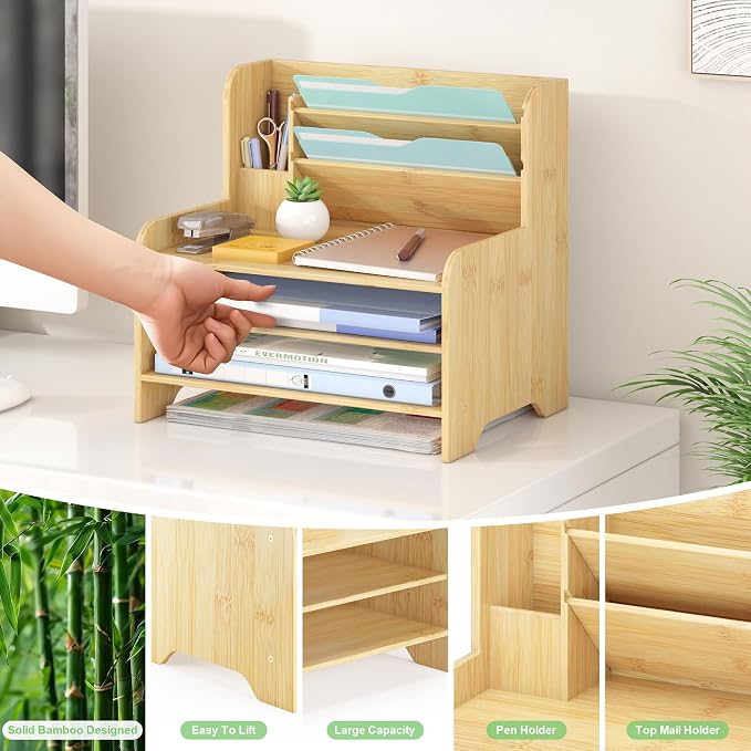 Bamboo File Organizer for Desk, Desktop Paper Tray and Mail Holder | Three open tiers keep A4/letter paper, folders, bills and mail sorted, visible and easy to reach while saving desk space