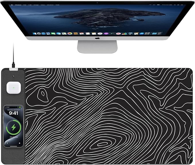 TopMade Mouse Pad with 15W Fast Wireless Charging, 31.5"x15.75" XXL Large Gaming Waterproof Desk Pad with Ultra-Smooth Surface, Non-Slip Base, Computer Desk Mat, Black Topographic Map #1