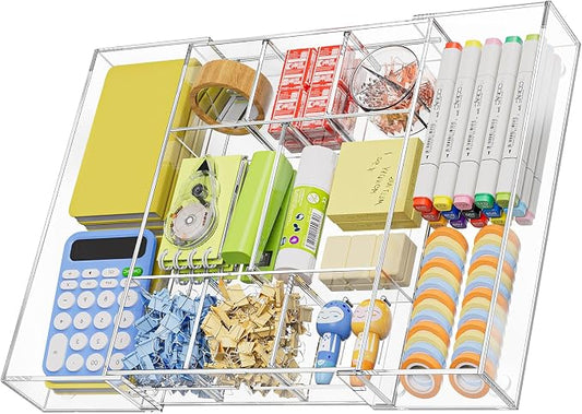 Marbrasse Acrylic Expandable Drawer Organizer, Clear Desk Drawer Organizer Tray with 5 Dividers, Desk Organizers and Accessories, 10 Adjustable Compartments for Office Supplies, Makeup & Vanity