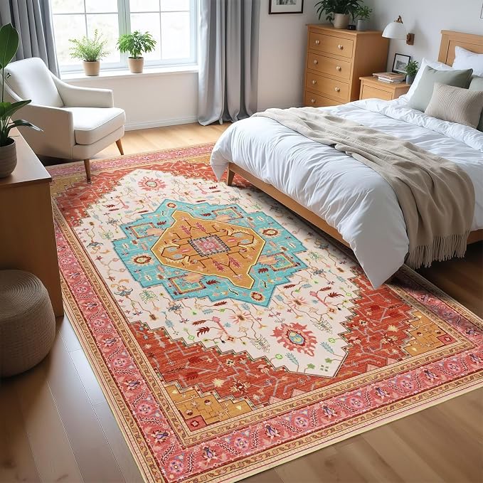 Macgace 4x6 Orange Pink Area Rug for Living Room, Machine Washable Rugs with Non-Slip Backing for Bedroom, Vintage Medallion Carpet Kitchen Laundry Kids Room Decor