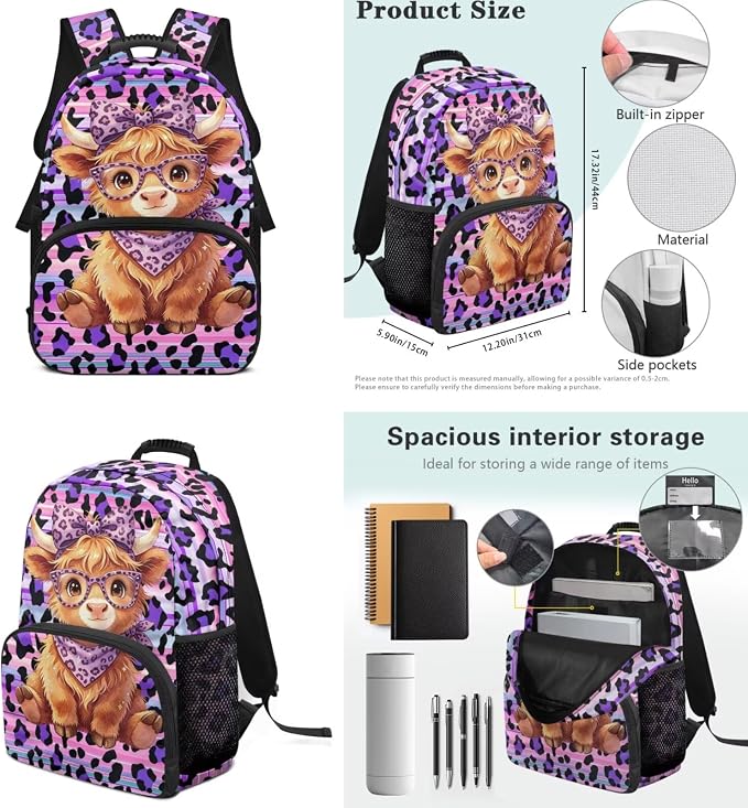 ZFRXIGN Highland Cow Girls Backpack for Elementary School Bookbag with Cute Pendant 4pc Backpack Set for Girls Cheetah Print Insulated Lunch Box Pencil Case Purple