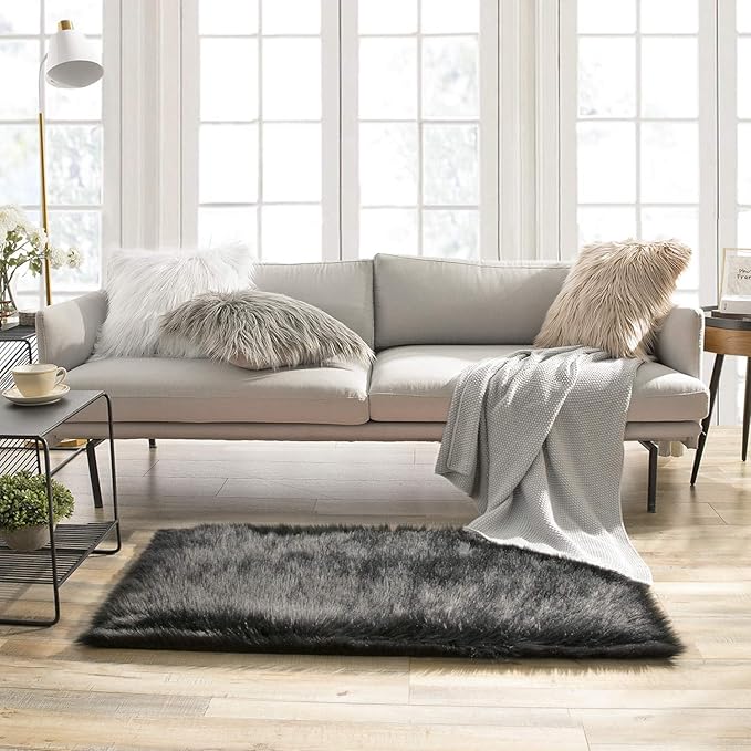 Ashler Faux Fur Rug, Fluffy Shaggy Area Rug Ultra Soft 2.2 x 4 Feet Rectangle Fur Rug, Black Fuzzy Rug Machine Washable Shag Rug, Nursery Decor Throw Rugs for Bedroom, Kids Room, Living Room
