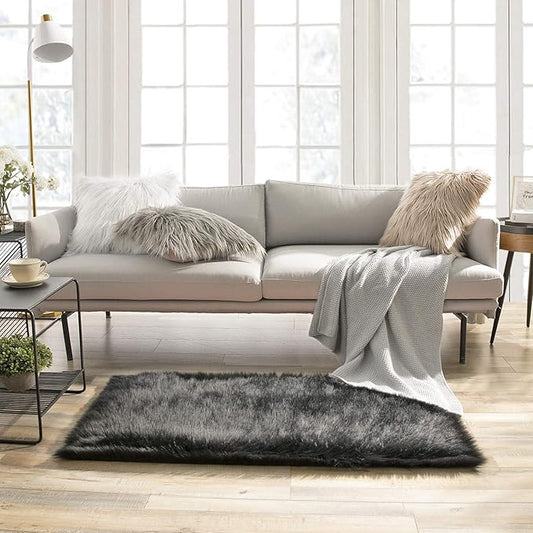 Ashler Faux Fur Rug, Fluffy Shaggy Area Rug Ultra Soft 2.2 x 4 Feet Rectangle Fur Rug, Black Fuzzy Rug Machine Washable Shag Rug, Nursery Decor Throw Rugs for Bedroom, Kids Room, Living Room