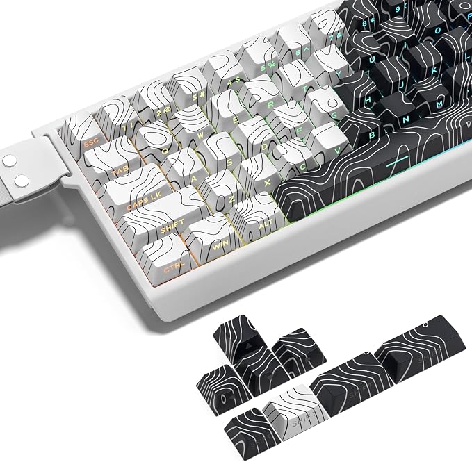 dagaladoo Double Shot PBT keycaps,White Black Topographic keycaps,Dye-sub keycaps Shine Through,Side Print Keyboard caps,dye Sublimation,Cherry Profile Key caps for US Layout Mechanical Keyboard