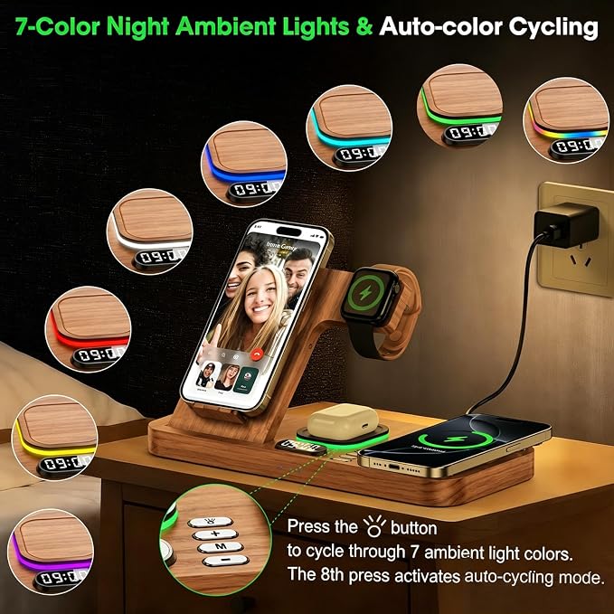 Dual Phone Wireless Charging Station for Apple Devices, Magnetic Charging Station for iPhone with Auto Switch 7-Color Light&Clock, Family Watch Charger for iPhone17 for iWatch11 for AirPods Pro3(Wood)