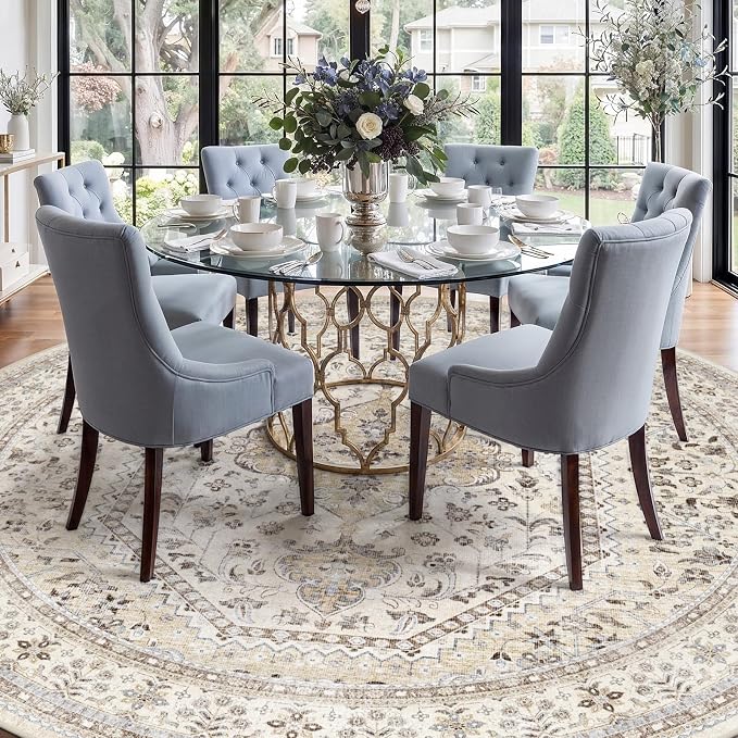 Puino 8FT Round Area Rug: Washable Oriental Circle Rugs Low Pile Soft Carpet with Non Slip Backing for Living Room Vintage Indoor Rug for Bedroom Kitchen Nursery Dining Room Home Office Beige/Gray
