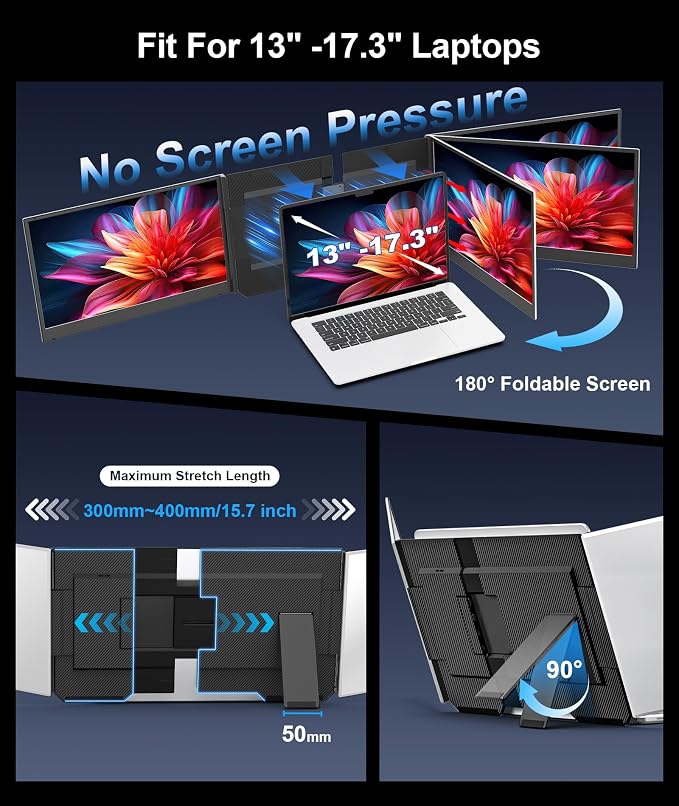 15.6" Laptop Screen Extender, FHD 1080P Triple Portable Monitor for Laptops, Ultra-Slim Travel Monitor for 13.3"–17.3" Laptops, USB-C & HDMI Plug & Play, Compatible with Windows/Mac/Android