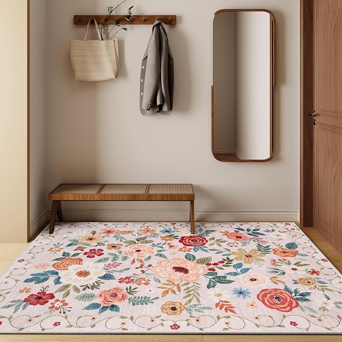 DUKINO 4x6 Feet Office Chair Mat, Lightweight Non Slip Washable Floral Area Rug, Indoor Low Pile & Non-Shedding Boho Design Rugs for Bedroom, Living Room, Dining Room, Beige