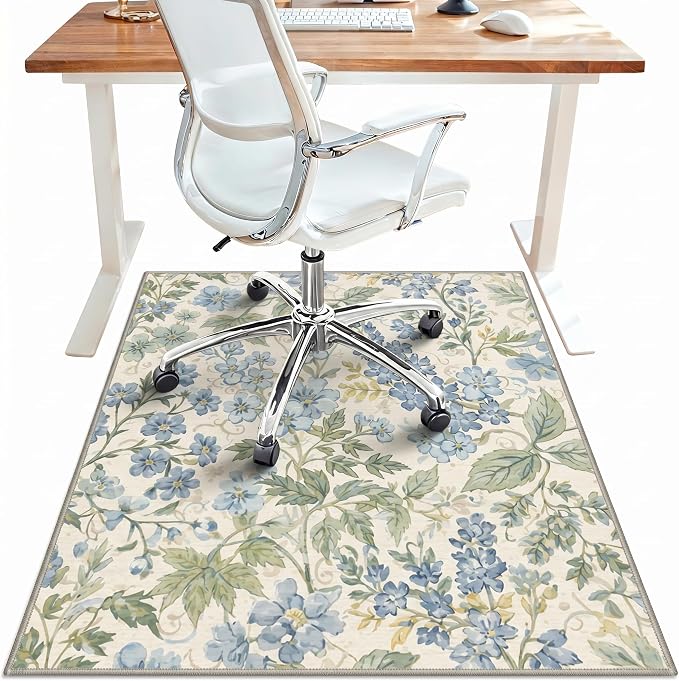 48"x60" Office Chair Mat for Hardwood Tile Floor, Under Desk Carpet Protector for Rolling Computer Chair Mat, Machine Washable Area Rug, Anti-Slip 1/5" Thick Low Pile Thin Vinyl Floor Mat, Blue Mist