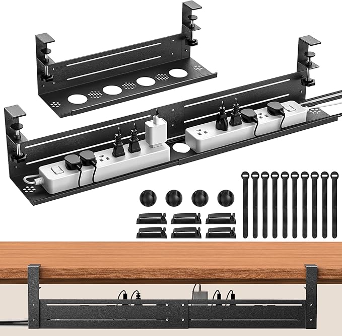 Under Desk Cable Management Tray - 18-29in Retractable Iron Cord Organizer, No-Drill Installation with Anti-Slip Pads, Desk Cable Tray for Office, Gaming,Standing Desks(Black)