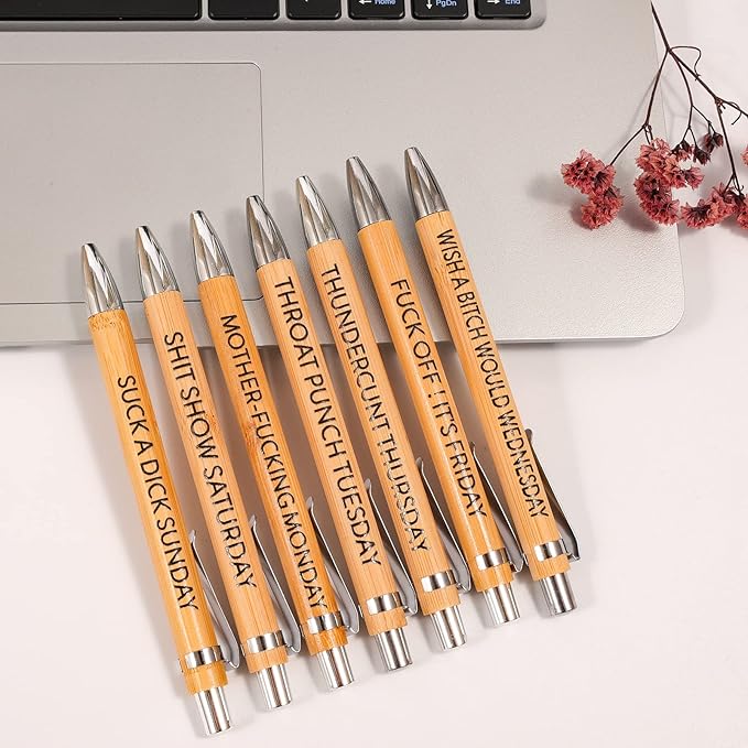 7Pcs Funny Work Pens for Adults Funny Sarcastic Gifts Funny Bamboo Pens Swear Word Daily Pen Set Seven Days of The Week Pen The Office Gifts for Women Men Coworkers Fun Desk Accessories