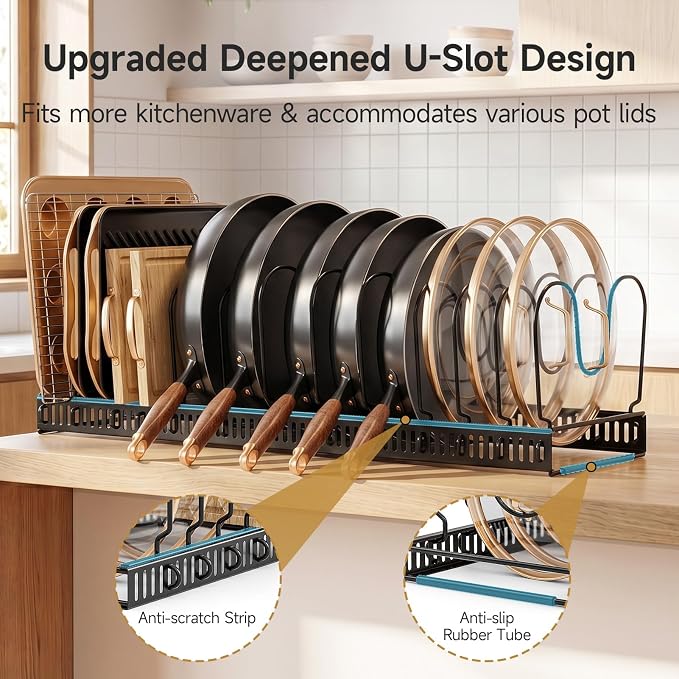 MUDEELA Pot Lid Organizer for Cabinet, Expandable Baking Pan Rack 14 Slots | 11.8–22.9" Expandable, 14 Adjustable Divider, Tool-Free Assembly, Non-Slip, Scratch-Proof, For Pan Lid Cutting Board Bakeware