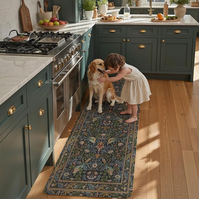 KIMODE Kitchen Mats Anti Fatigue,Cushioned Kitchen Rugs Runner | Navy Blue Green,Boho Floral Bird Kitchen Rugs Non Slip ,Wide Long Memory Foam Kitchen Floor Mat for Laundry Sink Office Home