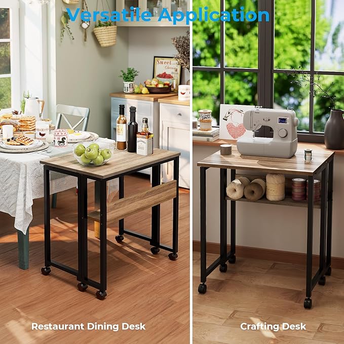 GreenForest Folding Desk Small Rolling Desk with Storage Shelf,24.8 inch Foldable Computer Desk with Wheels for Small Space,Easy Assembly,Grey Wash