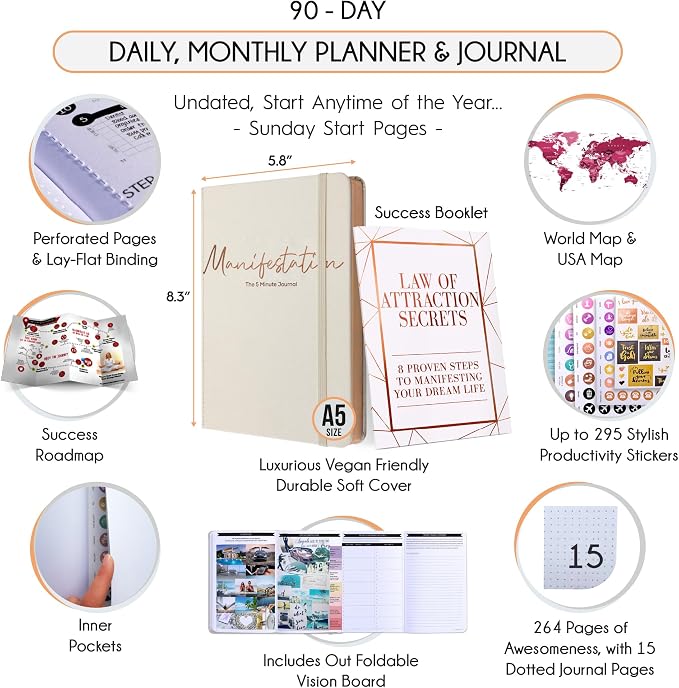 90-Day Goal Planner with Daily Journal, Gratitude & Habit Tracker | Daily Planner, Productivity, Time blocking, Manifestation & Affirmations with Vision Board, Gratitude Journal for Women & Men