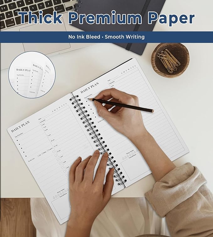 Daily Planner Undated, A5 To Do List Notebook with Hourly Schedules, Spiral Time Management Organizer for Man Women, 8.3" x 5.6" 152 Pages Black