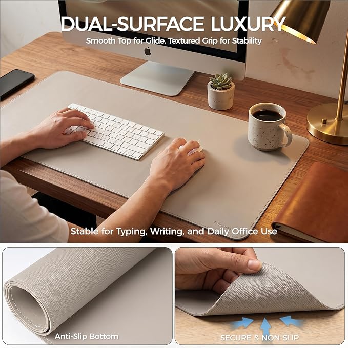 Large Desk Pad Non-Slip Desk Mat Protector for Keyboard Mouse Waterproof Vegan Leather Surface Faux Leather Laptop Mat Smooth Mouse Pad Premium Gift Tube Stone Gray 35" x 17"