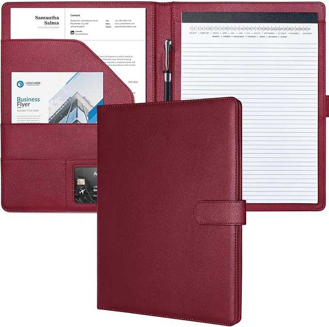 Mymazn Padfolio Portfolio Folder, Faux Leather Interview Resume Folder with Document Organizer & Business Card Holder, Letter-Sized Notepad Legal Pad Holder for Men Women (Dark Red)