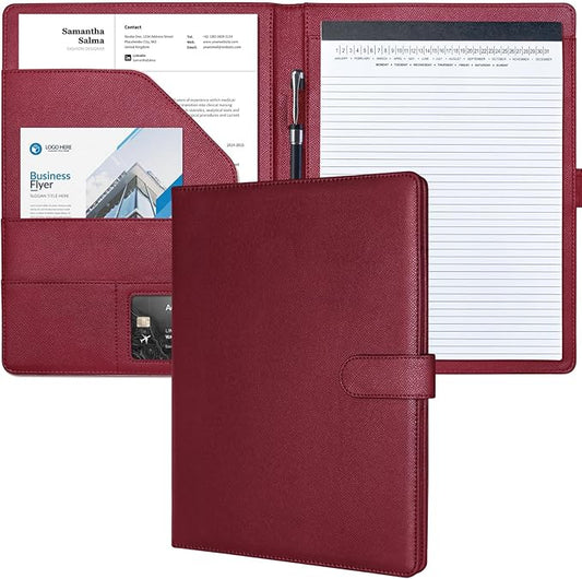 Mymazn Padfolio Portfolio Folder, Faux Leather Interview Resume Folder with Document Organizer & Business Card Holder, Letter-Sized Notepad Legal Pad Holder for Men Women (Dark Red)