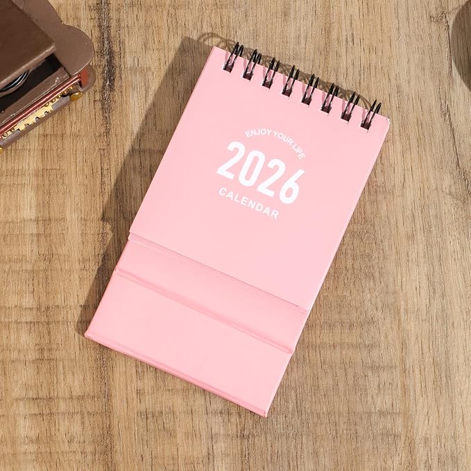 Mini Desk Calendar 2026-2027 - Jan 2026 to June 2027 Small Desktop Calendar Mini Daily Schedule Thick Paper Twin-Wire Binding with Stickers for Home Office School (Mini Pink)