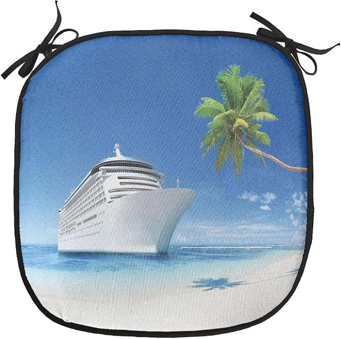 Lunarable Travel Chair Cushion Pads Set of 4, Ship Coastline Palm Tree Sandy Beach Nature Sunny Day Exotic Journey Seascape, Anti-Slip Seat Padding for Kitchen & Patio, 16"x16", Blue Green White
