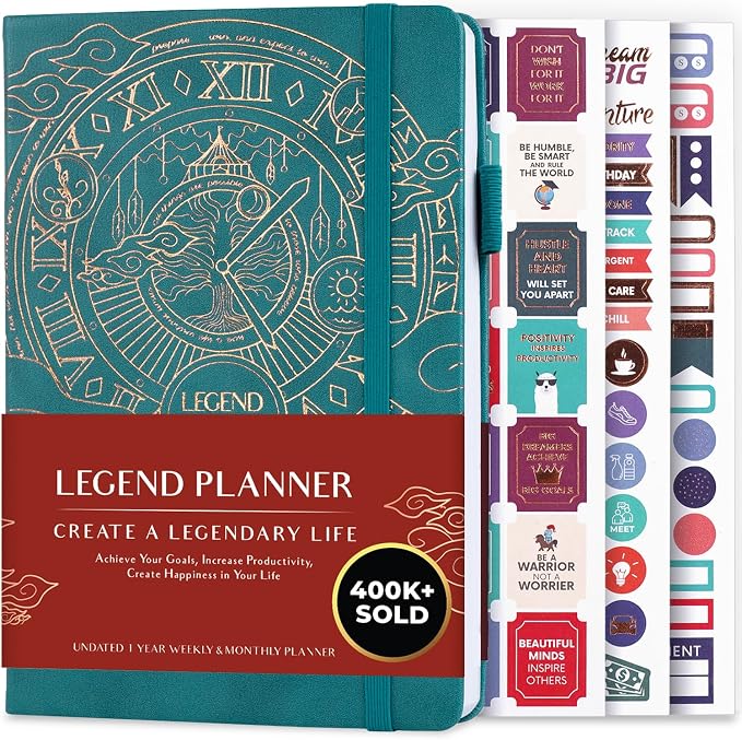 Legend Undated Weekly Planner – Goal Planner Journal & Organizer Notebook – Agenda Book with Monthly Calendar & To-Do List, A5 (Dark Teal, Gold)
