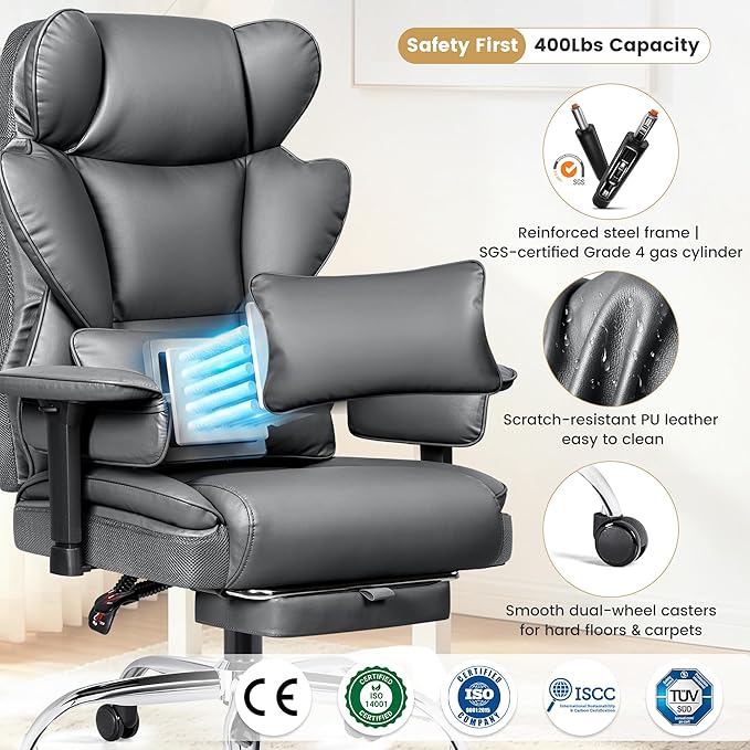 Office Chair 400 LBS, Heavy Duty High Back Executive Desk Chair | 23.6" Extra Wide Seat with Footrest, Ergonomic High Back with Lumbar Support, 165° Recline, 3.2" Adjustable Padded Arms, Gray