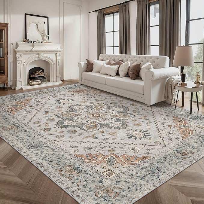 Tangsoo 8x10 Area Rug for Living Room, Washable Vintage Rugs Indoor Non Slip Large Area Rugs, Print Distressed Grey Carpet, Soft Low Pile Foldable Floor for Bedroom Dining Room Dorm