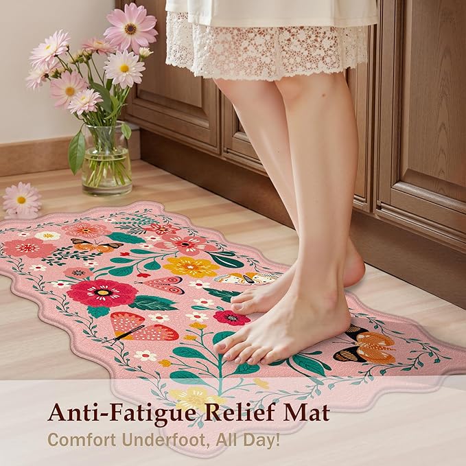 Scalloped Pink Valentines Kitchen Mats for Floor 2PC Cushioned Anti Fatigue Kitchen Mats Rugs Waterproof Non Slip Farmhouse Boho Floral Comfort Foam Standing Mat for Sink Laundry