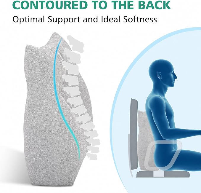 Shinnwa Lumbar Support Pillow for Office Chair, Memory Foam Back Support Pillow for Back Pain Relief, Car, Chair and Couch, 17.5x15x4.5in, Light Grey