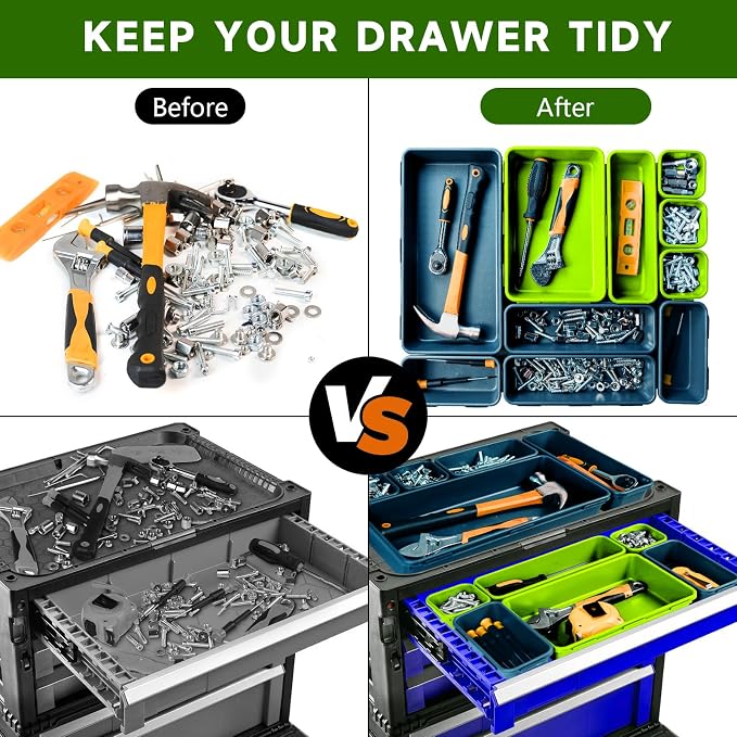 Tool Box Organizer Tray, 60 PCS & 5 Sizes, Blue and Green | High Quality ABS Plastic, Interlocking Desk Drawer Organizer, Tool Chest Organizer for Workshop Garage Office Kitchen