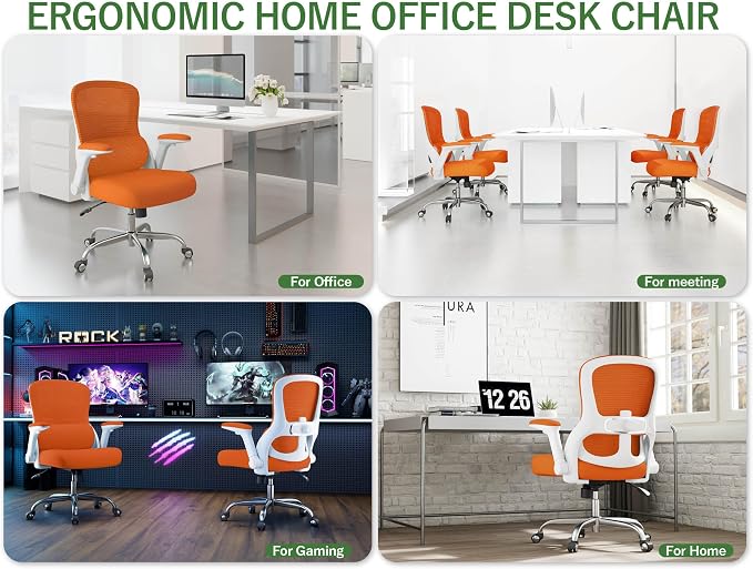 Office Chair Ergonomic Desk Chair Comfy: 400LBS Mesh Computer Chair Ergonomic Gaming Chairs with Wheels Adjustable Lumbar Support and Flip up Armrest-Swivel Executive Chairs Long Hours(Orange)