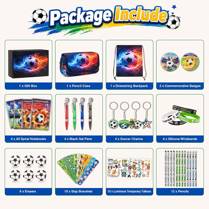 DIGOBAY 61PCS Soccer School Supplies Set for kid Boys, Teen Back to School stationery Supplies with Pencil Case Drawstring Bag Spiral Notebooks Pens Pencils Tattoos Wristbands Gift Box