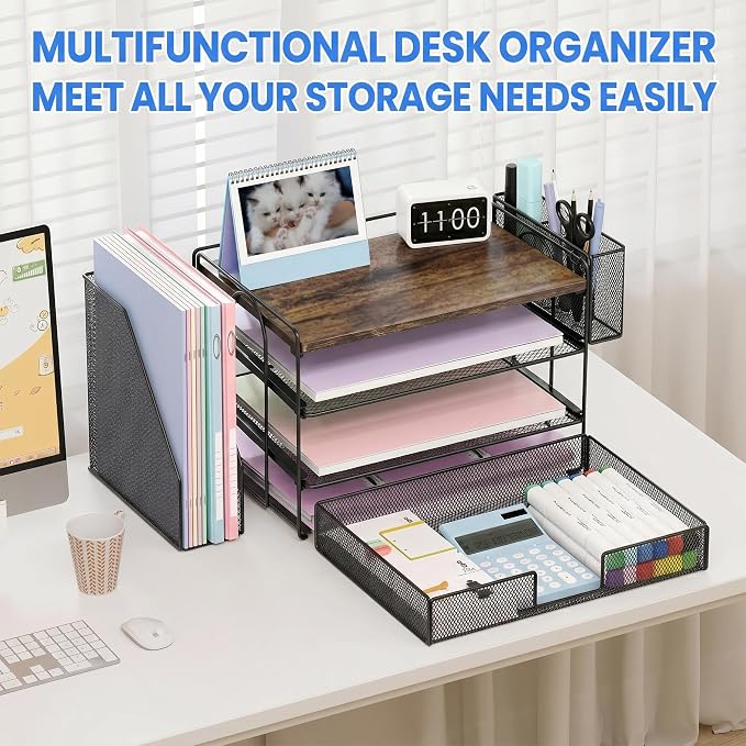 OPNICE Wood Desk Organizers and Accessories, 4-Tier Desktop Paper Letter Tray Organizer with Drawer and Pen Holders, Office Desk Accessories & Workspace Organizers for Home Office Supplies, Brown Wood