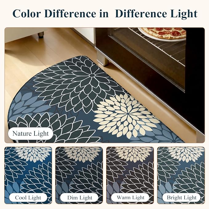 KIMODE Half Circle Kitchen Mats for Floor Cushioned Anti Fatigue Semi Round | Half Round,28"x18",Dahlia Boho,Blue,Kitchen Rug Non Slip ,Waterproof Sink Floor Mat Carpet Decor for Laundry Bathroom