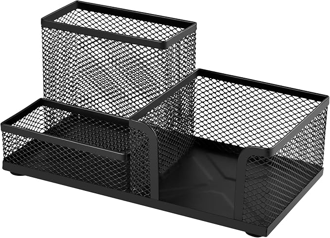 Mesh Desk Organizer, Pen and Stationery Holder with 3 Compartments for Office Supplies, Sticky Notes, and Small Accessories, Desktop Caddy for Home, School, and Workspace – Powder-Coated Black Metal